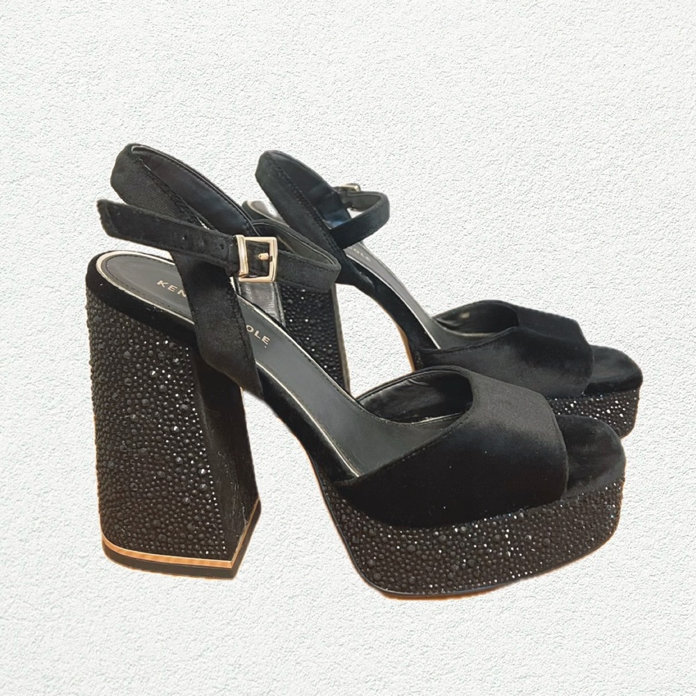 Kenneth Cole Black Velvet + Rhinestone Platform Sandals